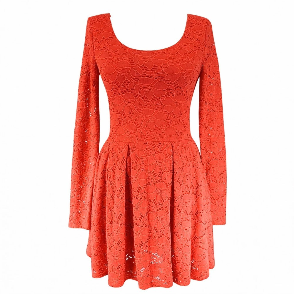 Free People Coral Lace Mini Dress Fit & Flare Long Sleeve XS